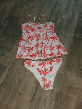 Women's White & Coral Floral Tankini Top and Bikini Bottom Set
